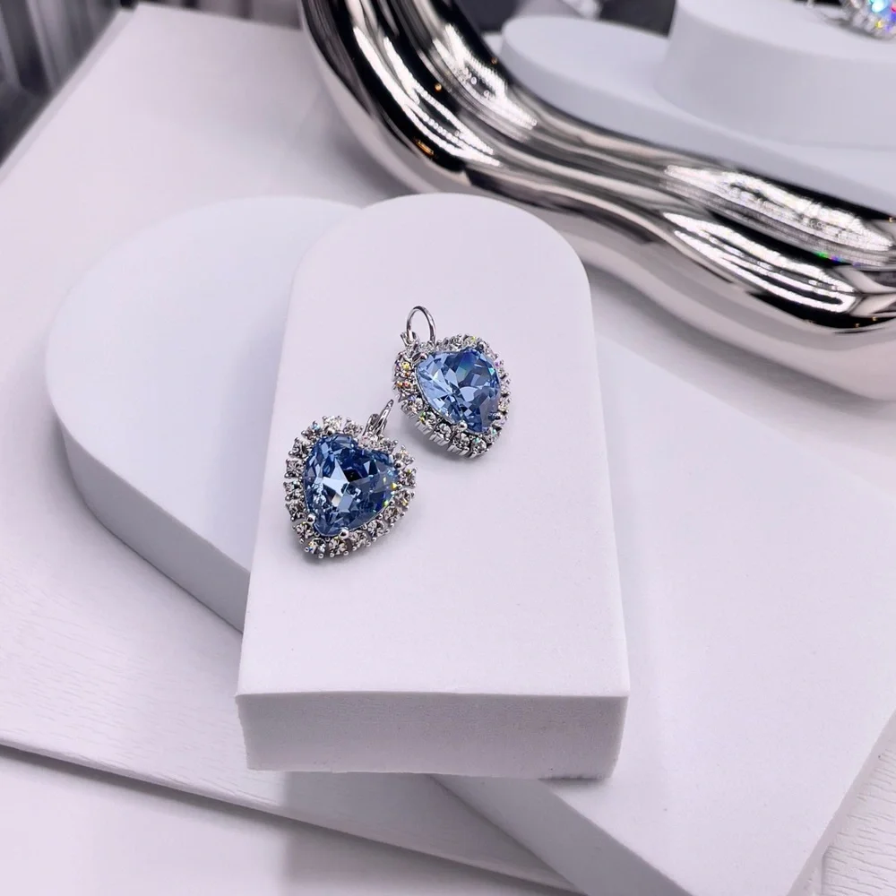 Light Blue Heart And Clear Crystals Silver Earrings, Sterling Silver Plated - Picture 3 of 5